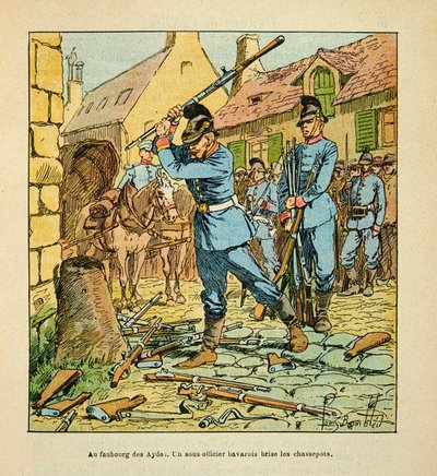 ルイ・ボンブルド（1862-1927）が絵を描いたグルネストことユージン・セルジェントの「ロワール軍」（独仏戦争、1870-1871年のキャンペーン）。1870年10月にオルレアン市を攻略した後、バイエルン人の副官が猟師を破った。(ライフルの左 作： Louis Charles Bombled