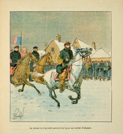 ルイ・ボンブルド（1862-1927）が挿絵を描いたウジェーヌ・セルジャン（グルネスト）の『ロワール軍』（独仏戦争、1870-1871年のキャンペーン）。1871年1月、アレンコンの戦線を旅するリポウスキ大佐、プライベート・コレクション 作： Louis Charles Bombled