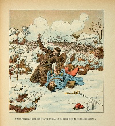 ルイ・ボンブルド（1862-1927）が挿絵を描いたウジェーヌ・セルジャン（グルネスト）の「ロワール軍」（独仏戦争、1870年から1871年のキャンペーン）。ベルビュー大尉の体の上で殺される教皇派ズアベの兄弟、アベ・フーケレー、個人蔵 作： Louis Charles Bombled