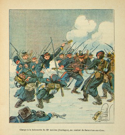 ルイ・ボンブルド（1862-1927）が描いたグルネストことウジェーヌ・セルジャンの「ロワールの軍隊」（独仏戦争、1870-1871年のキャンペーン）：1871年1月のサン・ジャン・シュル・エヴルの戦いにおける第22機動隊（ドルドーニュ）のバイオネットへの突撃、P。 作： Louis Charles Bombled