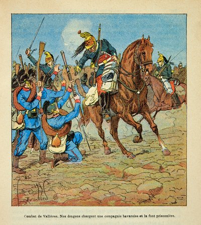 ルイ・ボンブルド（1862-1927）が絵を描いたグルネストことウジェーヌ・セルジェントの「ロワールの軍隊」（独仏戦争、1870年から1871年のキャンペーン）。1870年11月のヴァリエールの戦い、フランス軍のドラゴンがバイエルン軍の中隊に突撃して捕虜になる、C二等兵 作： Louis Charles Bombled