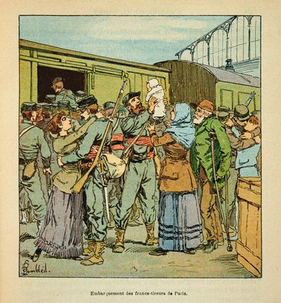 ルイ・ボンブルド（1862-1927）が挿絵を描いたグルネストことウジェーヌ・セルジェントの「ロワールの軍隊」（独仏戦争、1870-1871年のキャンペーン）。1870年10月、シャトーダンに向かうパリのフラン・ショワーラー大隊の船着き場、個人蔵 作： Louis Charles Bombled