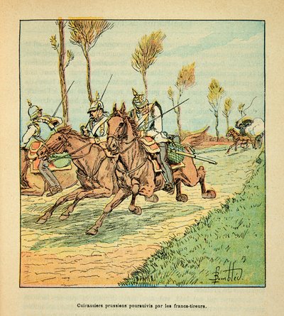 ルイ・ボンブルド（1862-1927）が挿絵を描いたグルネストことウジェーヌ・セルジェントの「ロワールの軍隊」（独仏戦争、1870年から1871年のキャンペーン）。1870年10月、フライシストに追われるプロイセンの騎兵隊、個人蔵 作： Louis Charles Bombled