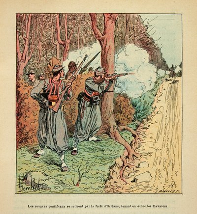 ルイ・ボンブルド（1862-1927）が絵を描いたグルネストことユージン・セルジェントの「ロワールの軍隊」（独仏戦争、1870-1871年のキャンペーン）。オルレアン戦争では、教皇派のズエーヴがオルレアンの森を通って撤退し、バイエルン軍をチェスで押さえ込んでいた。 作： Louis Charles Bombled