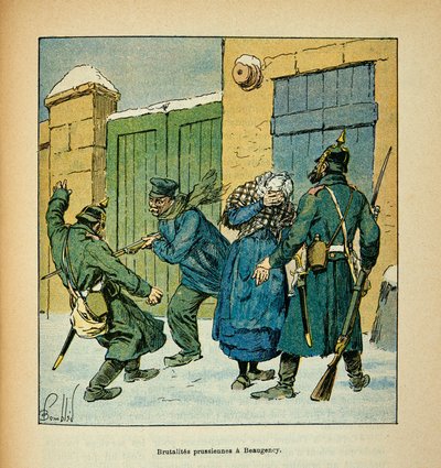 ルイ・ボンブルド（1862-1927）が絵を描いたグルネストことウジェーヌ・セルジェントの「ロワールの軍隊」（独仏戦争、1870年から1871年のキャンペーン）。ボーガンシーでは1870年12月に住民がプロシアの残虐行為から身を守っている、プライベート・コレック 作： Louis Charles Bombled