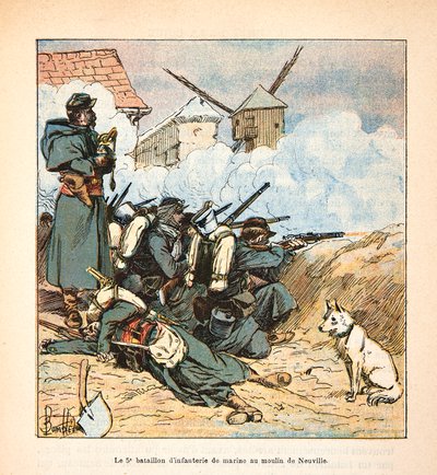 ルイ・ボンブルド（1862-1927）が挿絵を描いたグルネストことウジェーヌ・セルジェントの「ロワールの軍隊」（独仏戦争、1870年～1871年のキャンペーン）。1870年12月、ヌーヴィル・オー・ボワの工場での第5海軍歩兵大隊、個人蔵 作： Louis Charles Bombled