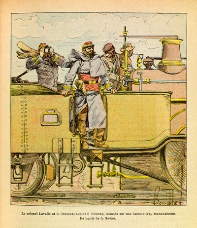 ルイ・ボンブルド（1862-1927）が描いた「グルネストことユージン・セルジュの東部軍」（独仏戦争、1870-1871年のキャンペーン）。1870年12月、ラヴァレ大佐とブラマス中佐が機関車に乗ってソーヌ川のほとりに現れた。 作： Louis Charles Bombled