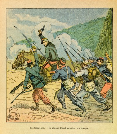 ルイ・ボンブルド（1862-1927）が描いたユージン・セルジャン（グレネスト）の東部軍（独仏戦争、1870-1871年のキャンペーン）。デュプレ将軍は1870年10月のラ・ブルゴンスの戦いで部下の頭を持っている、プライベート・コレクション 作： Louis Charles Bombled