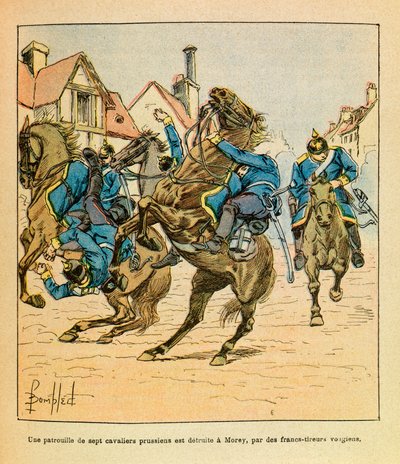 ルイ・ボンブルド（1862-1927）が描いた「グルネストことユージン・セルジュの東部軍」（独仏戦争、1870年から1871年のキャンペーン）。1870年12月、7人のプロイセン騎兵のパトロールは、ヴォスギア人の狙撃手によってモレーで破壊された、Particular Collection 作： Louis Charles Bombled