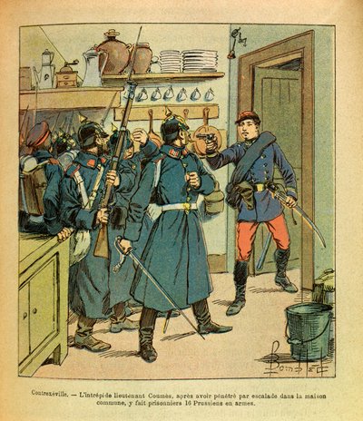 ルイ・ボンブルド（1862-1927）が描いた「グルネストことユージン・セルジュの東部軍」（独仏戦争、1870-1871年のキャンペーン）。Contrexevilleでは、勇敢なCoumes中尉が共同住宅に侵入し、16人のプロシア人を捕虜にした。 作： Louis Charles Bombled