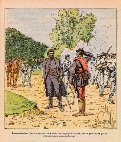 ルイ・ボンブルド（1862-1927）が描いた「グレネストことユージン・セルジュの東部軍」（独仏戦争、1870-1871年のキャンペーン）。1870年10月、Brouvelieuresでの戦闘中のBourras大佐、個人蔵 作： Louis Charles Bombled