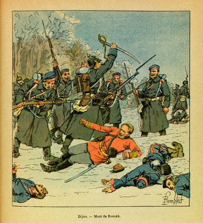 ルイ・ボンブルド（1862-1927）が描いた「グルネストことユージン・セルジュの東部軍」（独仏戦争、1870-1871年のキャンペーン）。ボッサク＝ハウク将軍の "ラ・キャップ "と呼ばれる場所での死 作： Louis Charles Bombled