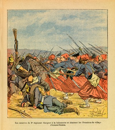 ルイ・ボンブルド（1862-1927）が描いたグルネストことユージン・セルジュの東部軍（独仏戦争、1870-1871年のキャンペーン）。第3連隊のズエーヴたちは、独仏戦争中、バイヨネットに突入し、オーソン＝デッス村からプロシア軍を追い出す。 作： Louis Charles Bombled
