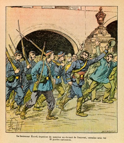 ルイ・ボンブルド（1862-1927）が描いた「グルネストことユージン・セルジュの東部軍」（独仏戦争、1870-1871年の戦い）。1870年10月のエピナルでの戦闘の際、エナール中尉は敵の前を歩くことを熱望し、ナチス・ドイツ軍の兵士を引き連れていた。 作： Louis Charles Bombled