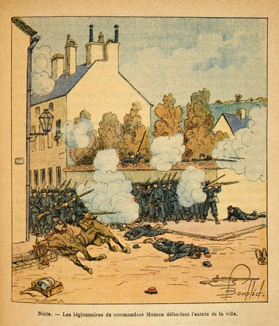 ルイ・ボンブルド（1862-1927）が描いた、グルネストと呼ばれるユージン・セルジュの東部軍（独仏戦争、1870-1871年のキャンペーン）。ナイツ・サン・ジョルジュの戦い、ムートン司令官の軍団が街の入り口を守る、コッレ二等兵 作： Louis Charles Bombled