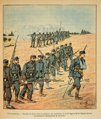 ルイ・ボンブルド（1862-1927）が描いた、グルネストと呼ばれるユージン・セルジュの東部軍（独仏戦争、1870-1871年のキャンペーン）。プロヴァンシェールでは、マルヌ川上流域の第2軍団のモビリゼが敵の数に圧倒されて退却を余儀なくされた。 作： Louis Charles Bombled