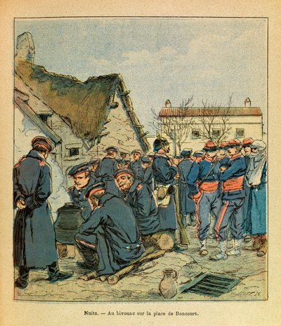 ルイ・ボンブルド（1862-1927）が描いた、グルネストと呼ばれるユージン・セルジュの東部軍（独仏戦争、1870-1871年のキャンペーン）。ナイツ・サン・ジョルジュの戦い、ボンクール広場のドイツ軍ビバークとフランス軍捕虜、プライベート・コレクション 作： Louis Charles Bombled