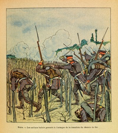 ルイ・ボンブルド（1862-1927）が描いた、グルネストと呼ばれるユージン・セルジュの東部軍（独仏戦争、1870年〜1871年のキャンペーン）。ナイツ・サン・ジョルジュの戦い；1870年12月にバドワ兵が鉄道の区間を攻撃、コル二等兵 作： Louis Charles Bombled