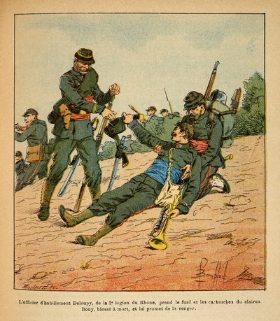 ルイ・ボンブルド（1862-1927）が描いた、グルネストと呼ばれるユージン・セルジュの東部軍（独仏戦争、1870-1871年のキャンペーン）。ニュイ・サン・ジョルジュの戦いで、ローヌ第2軍団の被服兵デルーピーがライフルを奪い 作： Louis Charles Bombled