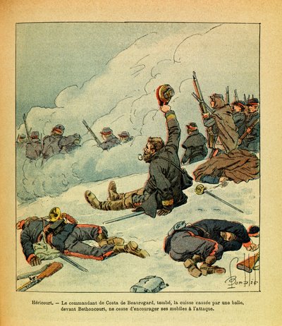 ルイ・ボンブルド（1862-1927）が描いた、グルネストと呼ばれるユージン・セルジュの東部軍（独仏戦争、1870-1871年のキャンペーン）。1871年1月、Costa de Beauregardの司令官HericourtがBetの前で銃弾を受け、太ももが折れてしまう。 作： Louis Charles Bombled