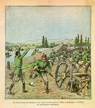 ルイ・ボンブルド（1862-1927）が描いた、グルネストと呼ばれるユージン・セルジュの東部軍（独仏戦争；1870-1871年のキャンペーン）。フランスの動機と狙撃手の分隊がライン川を渡り、ドイツの橋梁労働者を揺さぶった、Private Collecti 作： Louis Charles Bombled