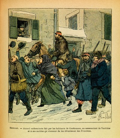 ルイ・ボンブルド（1862-1927）が描いた、グルネストと呼ばれるユージン・セルジュの東部軍（独仏戦争、1870年から1871年のキャンペーン）。1871年1月、ヘリクール、クーセナンの住民がヴォルキエ司令官とその部下に行った熱狂的なイベント 作： Louis Charles Bombled