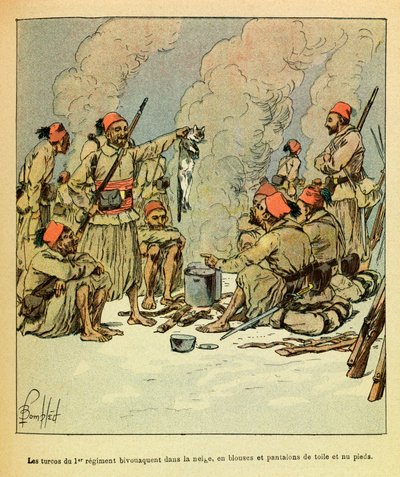 ルイ・ボンブルド（1862-1927）が描いたグルネストと呼ばれるウジェーヌ・セルジュの東部軍（独仏戦争、1870-1871年のキャンペーン）。1871年1月、雪の中でビバークする第1連隊のトルコスたち、キャンバス地のブラウスとズボン、そして裸の料金 作： Louis Charles Bombled