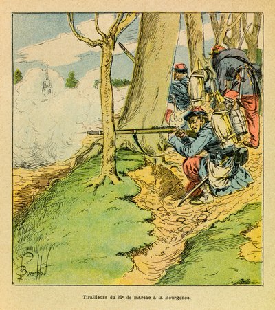 ルイ・ボンブルド（1862-1927）が描いた、グルネストと呼ばれるユージン・セルジュの東部軍（独仏戦争、1870-1871年のキャンペーン）。デュプレ将軍の命令のもと、1870年10月のラ・ブルゴンセの戦いで第32軍の行軍のシューマーであるプリヴァが 作： Louis Charles Bombled