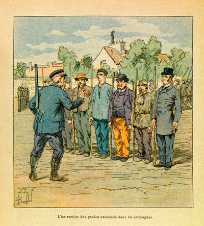 ルイ・ボンブルド（1862-1927）が描いた、グルネストと呼ばれるユージン・セルジュの東部軍（独仏戦争、1870-1871年のキャンペーン）。領土防衛作戦における国民衛兵の訓練、個人蔵 作： Louis Charles Bombled