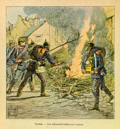 ルイ・ボンブルド（1862-1927）が描いた、グルネストと呼ばれるユージン・セルジュの東部軍（独仏戦争、1870-1871年のキャンペーン）。Vezeliseでは、街に侵入したプロシア軍が家を燃やしている、プライベート・コレクション 作： Louis Charles Bombled