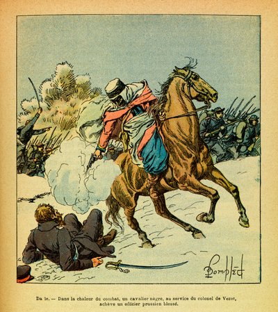 ルイ・ボンブルド（1862-1927）が描いた、グルネストと呼ばれるユージン・セルジュの東部軍（独仏戦争、1870-1871年のキャンペーン）。1871年1月、デ・ヴェゼ大佐に仕える黒人騎手がプロシア軍将校の負傷を補う、コレクション・パ 作： Louis Charles Bombled