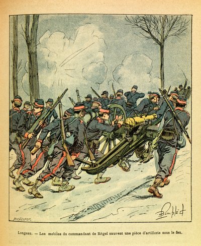 ルイ・ボンブルド（1862-1927）が描いた、グルネストと呼ばれるユージン・セルジュの東部軍（独仏戦争、1870年から1871年のキャンペーン）。1870年12月、Longeauの戦いで、Regelの司令官の動機が敵のモミの下にある大砲を救出したこと 作： Louis Charles Bombled