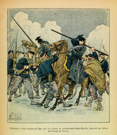 ルイ・ボンブルド（1862-1927）が描いた、グルネストと呼ばれるユージン・セルジュの東部軍（独仏戦争、1870年から1871年のキャンペーン）。1871年1月、ヘリクール、ヴァールの動機は、司令官サン・マルタンの命令のもと、ウーラン隊を狩る。 作： Louis Charles Bombled