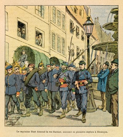 ルイ・ボンブルド（1862-1927）が描いた、グルネストと呼ばれるユージン・セルジュの東部軍（独仏戦争、1870-1871年のキャンペーン）。10月にベソンクール・レ・ブロートで捕らえられたプロイセン軍の捕虜と共にブザンソンのバタン通りを下るフオット大尉 作： Louis Charles Bombled