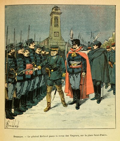 ルイ・ボンブルド（1862-1927）が描いた、グルネストとして知られるユージン・セルジュの東部軍（独仏戦争、1870-1871年のキャンペーン）。ブザンソンで、ローラン将軍がマリッキに依頼された「アベンジャーズ」中隊を検討している様子、プライベート・コレクション 作： Louis Charles Bombled
