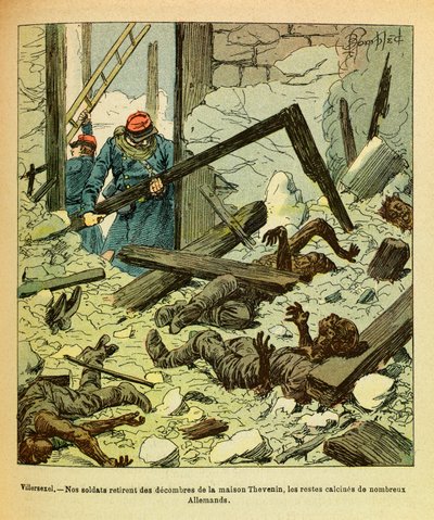 ルイ・ボンブルド（1862-1927）が描いた、グルネストと呼ばれるユージン・セルジュの東部軍（独仏戦争、1870年から1871年のキャンペーン）。1871年1月、ヴィレゼクスルの戦い、フランス兵がドイツ兵の遺体を家から運び出す、C二等兵 作： Louis Charles Bombled