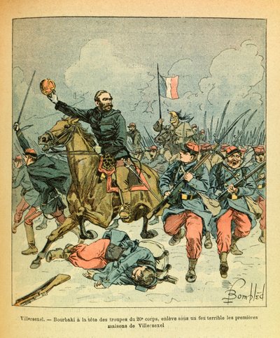 ルイ・ボンブルド（1862-1927）が描いた、グルネストと呼ばれるユージン・セルジュの東部軍（独仏戦争、1870-1871年のキャンペーン）。1871年1月、ブルバキ将軍は第20軍団の部隊を率いて、猛烈な砲火の中、第1陣を奪い取った。 作： Louis Charles Bombled