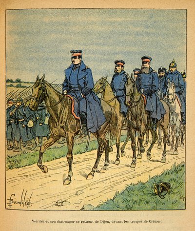 ルイ・ボンブルド（1862-1927）が描いた、グルネストと呼ばれるユージン・セルジュの東部軍（独仏戦争、1870-1871年のキャンペーン）。クレメル将軍の部隊の前に立つヴェルダー将軍とディジョンの参謀本部、個人蔵 作： Louis Charles Bombled