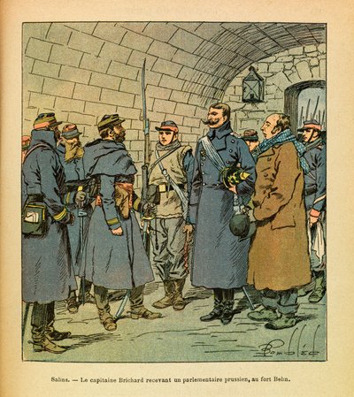 ルイ・ボンブルド（1862-1927）が描いた、グルネストとして知られるユージン・セルジュの東部軍（独仏戦争、1870-1871年のキャンペーン）。サラン、サラン・レ・バンのベラン砦でプロシアの議員を受け取るブリシャール大尉、個人蔵 作： Louis Charles Bombled