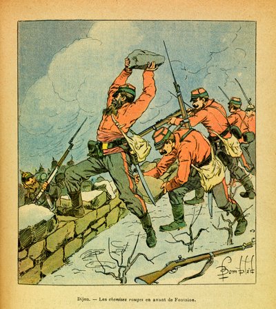 ルイ・ボンブルド（1862-1927）が描いたユージン・セルジュの東部軍（グルネスト）（独仏戦争、キャンペーン1870-1871年）。1871年1月のディジョンの戦いでフォンテーヌの前に立つガリバルディの赤シャツ、プライベート・コレクション 作： Louis Charles Bombled