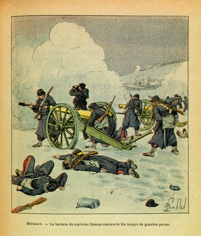 ルイ・ボンブルド（1862-1927）が描いた、グルネストと呼ばれるユージン・セルジュの東部軍（独仏戦争、1870年から1871年のキャンペーン）。1871年1月、ヘリクール、デッス大尉の砲台は大きな損失を出しながらも戦い続けている、プライベート・コレクション 作： Louis Charles Bombled