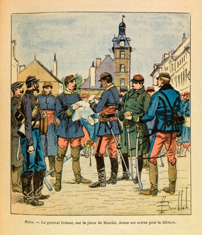 ルイ・ボンブルド（1862-1927）が描いた、グルネストと呼ばれるユージン・セルジュの東部軍（独仏戦争、1870年～1871年のキャンペーン）。ニュイ・サン・ジョルジュの戦い；マルシェ広場でクレメル将軍が防衛命令を下す（1870年12月、Pr 作： Louis Charles Bombled