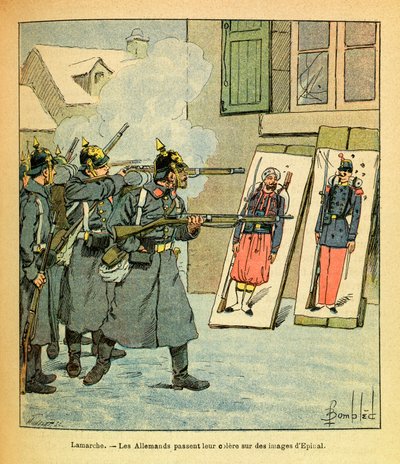ルイ・ボンブルド（1862-1927）が描いた、グルネストと呼ばれるユージン・セルジュの東部軍（独仏戦争、1870-1871年のキャンペーン）。Lamarcheでは、ドイツ兵がEpinalのイメージに怒りを費やしている、Collection Partial 作： Louis Charles Bombled