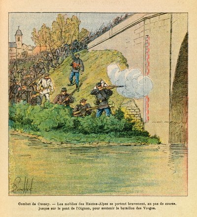 ルイ・ボンブルド（1862-1927）が描いた、グルネストとして知られるユージン・セルジュの東部軍（独仏戦争、1870-1871年のキャンペーン）。Les mobiles des Hautes Alpes lend a hand to the battalion of Vosges during the Cussey on the Ognon (dou 作： Louis Charles Bombled