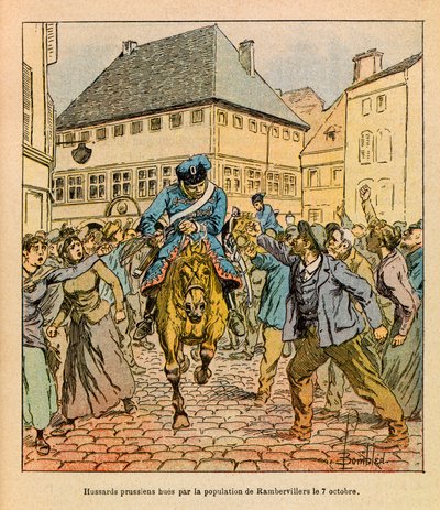 ルイ・ボンブルド（1862-1927）が描いた、グルネストとして知られるユージン・セルジュの東部軍（独仏戦争、1870-1871年のキャンペーン）。10月7日、ランベルヴィエールの住民によるプロイセンの前衛部隊のヒュエ 作： Louis Charles Bombled