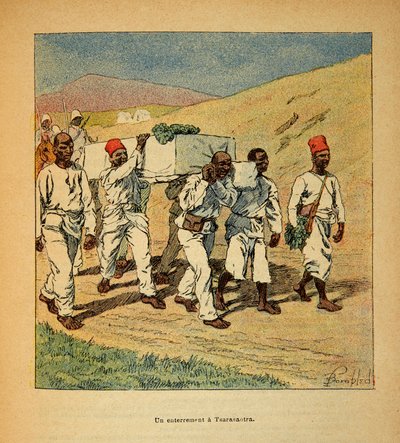 Henri Galli dit Galllichet (1854-1922)著、Louis Bombled (1862-1927)絵による「マダガスカルの戦争-1885-1895年のフランス遠征の逸話史」。1895年ツァラサオトラでの兵士の埋葬、個人蔵 作： Louis Charles Bombled