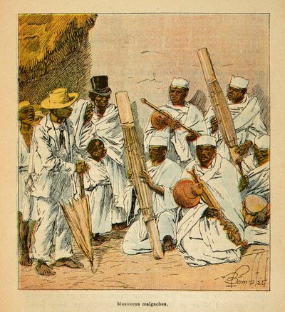 Henri Galli dit Galllichet (1854-1922)著、Louis Bombled (1862-1927)絵による「マダガスカルの戦争-1885-1895年のフランス遠征の逸話史」。19世紀のマダガスカルの音楽家たち、個人蔵 作： Louis Charles Bombled