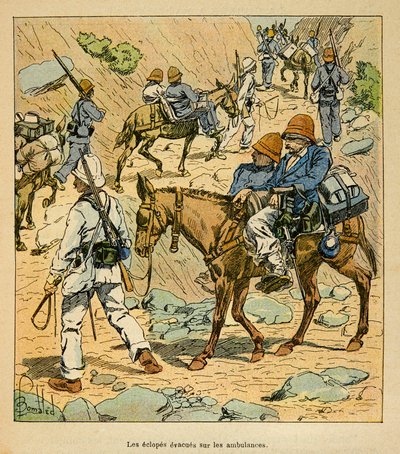 Henri Galli dit Galllichet (1854-1922)著、Louis Bombled (1862-1927)絵による「マダガスカルの戦争-1885-1895年のフランス遠征の逸話史」。マダガスカルのフォーチュン・アンビュランスでの腕の逃避行のエクロープス、プライベート・コレクション 作： Louis Charles Bombled