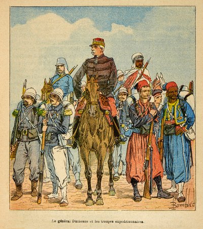 Henri Galli dit Galllichet (1854-1922)著、Louis Bombled (1862-1927)絵による「マダガスカルの戦争-1885-1895年のフランス遠征の逸話史」。マダガスカル遠征隊とデュシェーヌ将軍、個人蔵 作： Louis Charles Bombled