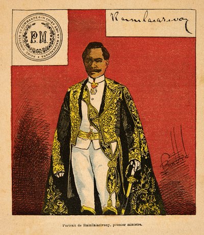 Henri Galli dit Galllichet (1854-1922)著、Louis Bombled (1862-1927)絵による「マダガスカルの戦争-1885-1895年のフランス遠征の逸話史」。ライニライアリヴォニー首相（1828-1896）の肖像、個人蔵 作： Louis Charles Bombled